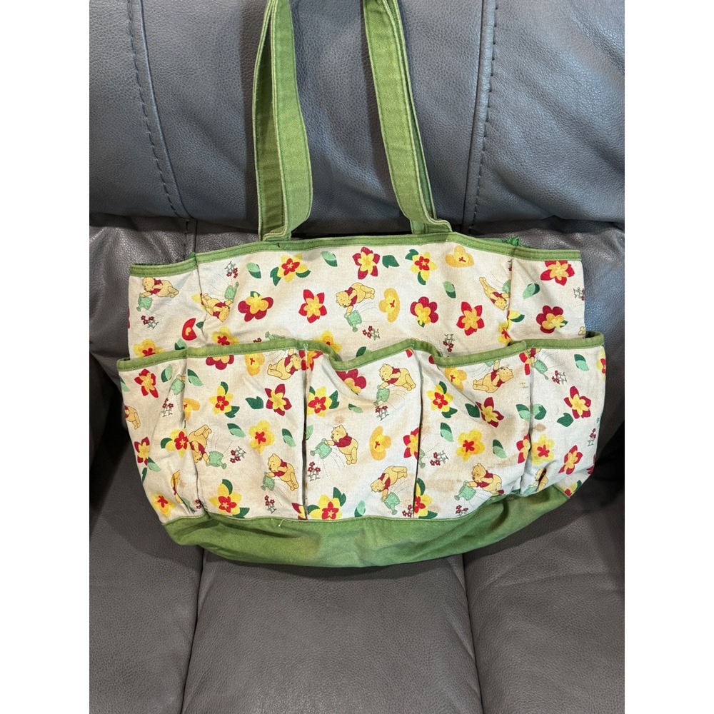 Winnie the Pooh Floral Utility Tote Bag Multi Pocket Organizer Green
